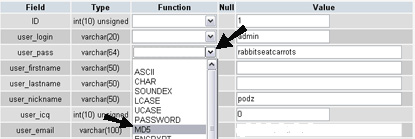 phpMyAdmin select MD5 function on user_pass row
