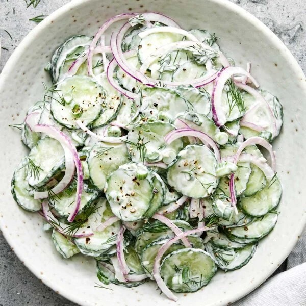 Creamy cucumber salad recipe.