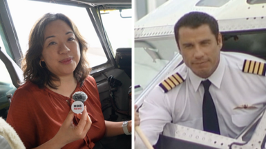 Composite image, BBC journalist wearing red top sitting in a plane cockpit on the left, John Travolta leaning out of cockpit window wearing a pilot uniform on the right.