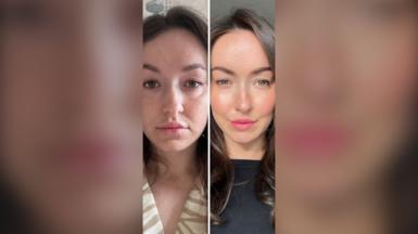 Split screen of the same woman: In one photo she looks paler with no make-up (left).