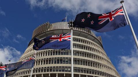 New Zealand flags flutter in the wind in clear blue skies with the parliament building in Wellington in the background