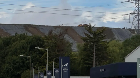 A pile of rubbish towers above some trees and lampposts. A truck sits on top in the distance.