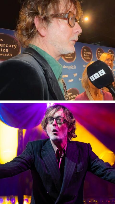 A split screen image. The top image is of Jarvis Cocker speaking into a BBC branded microphone. The bottom image is Jarvis Cocker standing with his arms out with a purple and yellow coloured background.