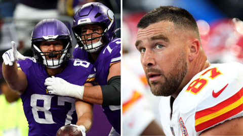 Split image of Minnesota Vikings players celebrating while Travis Kelce looks disappointed during games on 25 October 2026