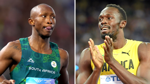A composite image showing Sinesipho Dambile (left) and Usain Bolt (right), both from chest up, designed to make it look as if the two sprinters are looking across at each other. Dambile wears a green South Africa running vest with the country's name in small white text across the chest and is curling the tip of his tongue out of his mouth and up onto his upper lip as he glances to his left. Bolt wears a yellow Jamaica running vest with the country's name in big black text as he raises both hands to chest height with them a short distance apart mid-clap as he looks to his right