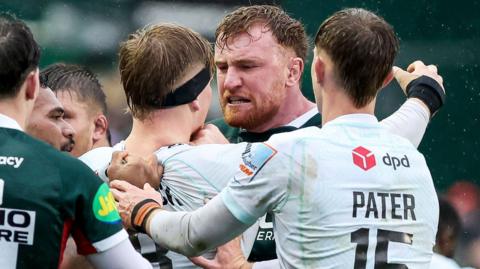 Ollie Chessum, James Pater and Henry Pollock square up during Leicester Tigers' win over Northampton Saints.