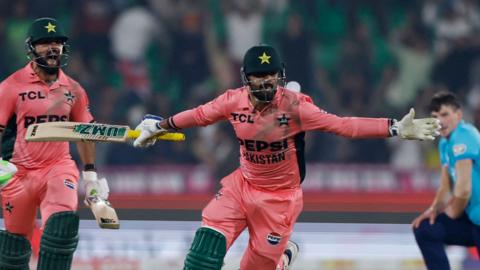 Shadab Khan celebrates as Pakistan beat England in an ODI tri-series