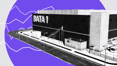 Treated image of a data centre. A black and white image of the building is set against a striking purple backdrop, intersected by jagged white lines.