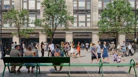 CGI impression of Oxford Street shows people walking and sitting on long green benches.