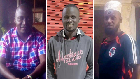 A composite photo of Evans Kiche, wearing a blue and red checked shirt, Vincent Ogutu with a grey sweatshirt and Jidah Burka with a blue football shirt, white cap and a beard