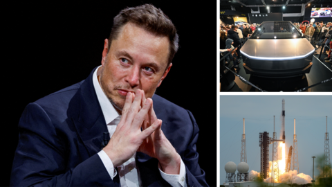 A composite picture shows Elon Musk wearing a blue suit jacket and white shirt next to a photo of a Tesla car and a picture of a SpaceX rocket taking off