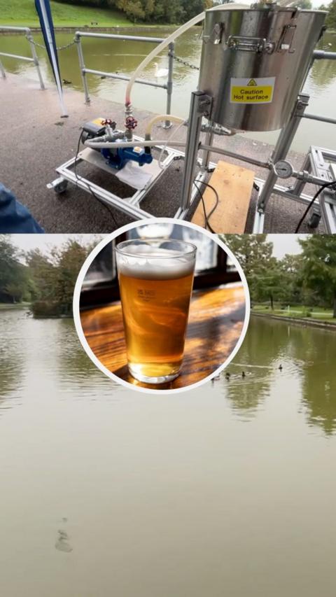 Composite photo of a pint of beer, a lake and a machine