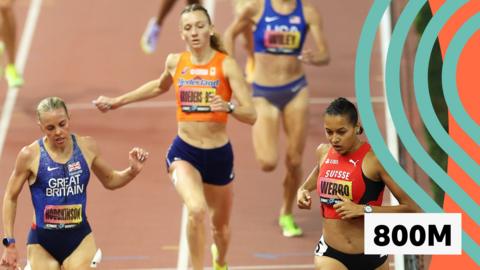 Audrey Werro crosses the finish line ahead of rivals Keely Hodgkinson and Femke Broeders-Bol