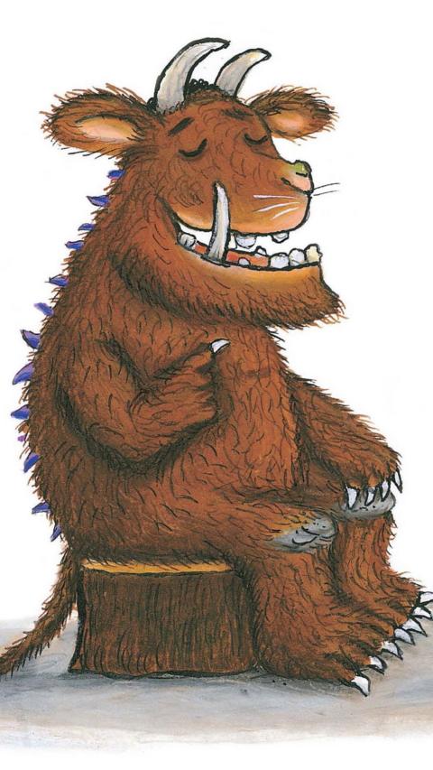 Illustration of The Gruffalo sat on a tree stump