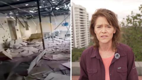 Splti-screen showing a destroyed room on the left, and correspondent Barbara Plett Usher on the right