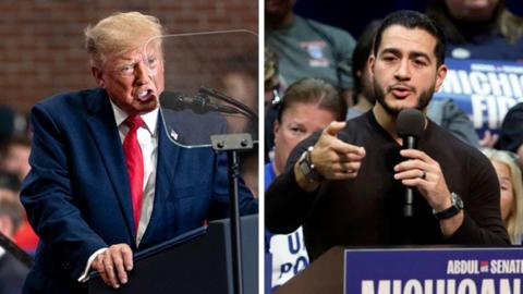 A composite of Donald Trump and Abdul El-Sayed speaking into microphones at separate events