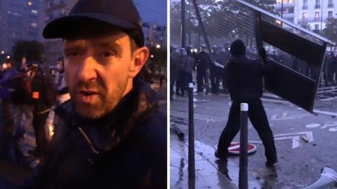 Split screen Nick Beake wears a black hat talking to the camera and a protester is about to throw a fence at police