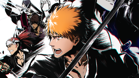 Artwork for bleach shows Ichigo Kurosaki at the centre of a collection of nine characters from Bleach. Each one is stylised and has a distinctive garment or feature. A diagonal line cuts through the middle of the picture, dividing the group into "light" and "dark" sides.