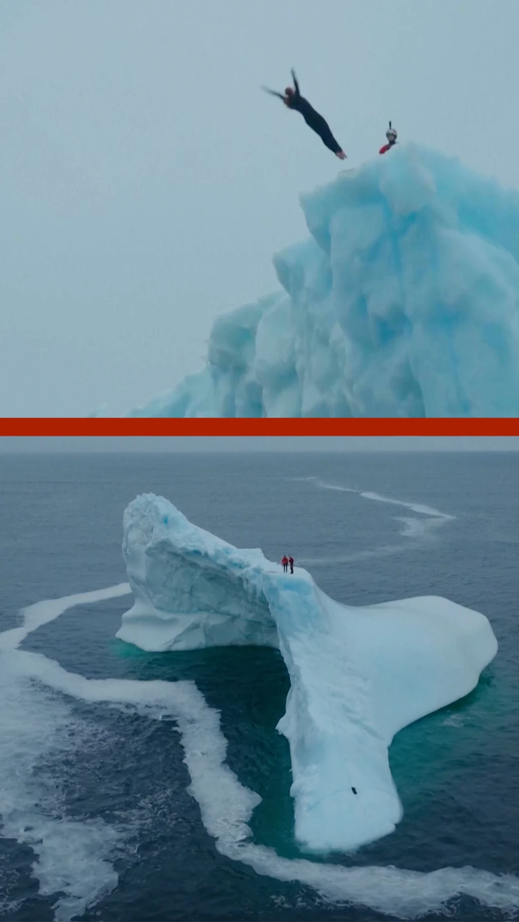 Un clavadista salta desde la cima de un iceberg al mar abierto.