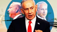 Una imagen compuesta muestra tres rostros de Netanyahu.