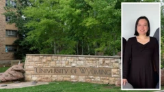 Ảnh thiết kế: Bản tên trường Đại học Wyoming và chân dung Aili Wang