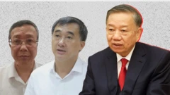 Ông Hoàng Trung (ngoài cùng bên phải) và ông Trần Văn Thuấn (giữa) là hai lãnh đạo cấp cao mới bị khởi tố, bắt giam
