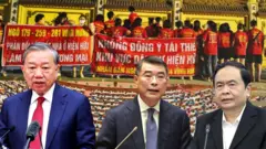 Hình ghép: Các ông Tô Lâm, Lê Minh Hưng và Trần Thanh Mẫn, trên nền người dân biểu tình