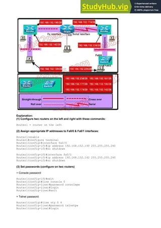 Explanation:
(1) Configure two routers on the left and right with these commands:
Router1 = router on the left
(2) Assign appropriate IP addresses to Fa0/0 & Fa0/1 interfaces:
Router1>enable
Router1#configure terminal
Router1(config)#interface fa0/0
Router1(config-if)#ip address 192.168.152.190 255.255.255.240
Router1(config-if)#no shutdown
Router1(config-if)#interface fa0/1
Router1(config-if)#ip address 192.168.152.142 255.255.255.240
Router1(config-if)#no shutdown
(3) Set passwords (configure on two routers)
+ Console password:
Router1(config-if)#exit
Router1(config)#line console 0
Router1(config-line)#password consolepw
Router1(config-line)#login
Router1(config-line)#exit
+ Telnet password:
Router1(config)#line vty 0 4
Router1(config-line)#password telnetpw
Router1(config-line)#login
 
