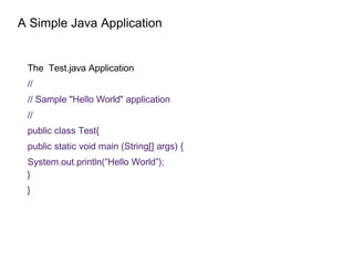 A Simple Java Application
The Test.java Application
//
// Sample "Hello World" application
//
public class Test{
public static void main (String[] args) {
System.out.println(“Hello World”);
}
}
 