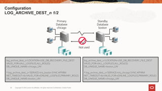 Copyright © 2022 and/or its affiliates. All rights reserved.Confidential | Oracle Public
38
Configuration
LOG_ARCHIVE_DEST_n 1/2
Primary
Database
chicago
Standby
Database
boston
Not used
log_archive_dest_1='LOCATION=USE_DB_RECOVERY_FILE_DEST
VALID_FOR=(ALL_LOGFILES,ALL_ROLES)
DB_UNIQUE_NAME=chicago_UN‘
*.log_archive_dest_2='SERVICE=tns_boston SYNCAFFIRM
NET_TIMEOUT=60VALID_FOR=(ONLINE_LOGFILES,PRIMARY_ROLE)
DB_UNIQUE_NAME=boston_UN'
log_archive_dest_1='LOCATION=USE_DB_RECOVERY_FILE_DEST
VALID_FOR=(ALL_LOGFILES,ALL_ROLES)
DB_UNIQUE_NAME=boston_UN‘
*.log_archive_dest_2='SERVICE=tns_chicago SYNCAFFIRM
NET_TIMEOUT=60VALID_FOR=(ONLINE_LOGFILES,PRIMARY_ROLE)
DB_UNIQUE_NAME=chicago_UN'
 