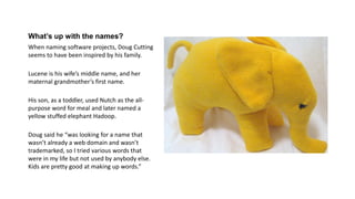 What’s up with the names? 
When naming software projects, Doug Cutting seems to have been inspired by his family. 
Luceneis his wife’s middle name, and her maternal grandmother’s first name. 
His son, as a toddler, used Nutchas the all- purpose word for meal and later named a yellow stuffed elephant Hadoop. 
Doug said he “was looking for a name that wasn’t already a web domain and wasn’t trademarked, so I tried various words that were in my life but not used by anybody else. Kids are pretty good at making up words.”  