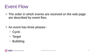 www.webstackacademy.com ‹#›
Event Flow
●
The order in which events are received on the web page
are described by event flow.
●
An event has three phases :
– Cycle
– Target
– Bubbling
 