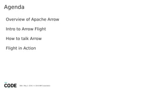 Agenda
Overview of Apache Arrow
Intro to Arrow Flight
How to talk Arrow
Flight in Action
DBG / May 2, 2018 / © 2018 IBM Corporation
 