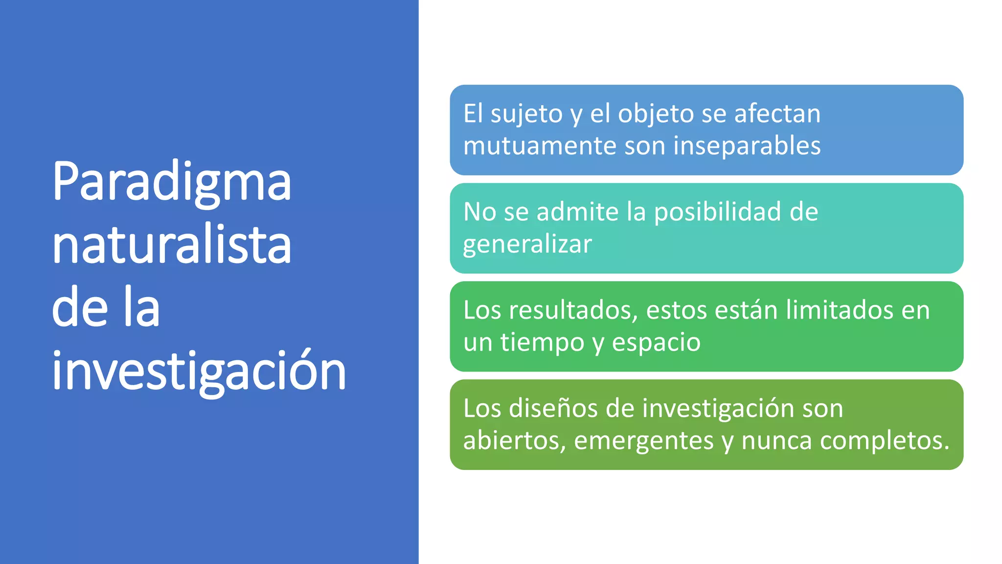Paradigma
naturalista
de la
investigación
El sujeto y el objeto se afectan
mutuamente son inseparables
No se admite la posibilidad de
generalizar
Los resultados, estos están limitados en
un tiempo y espacio
Los diseños de investigación son
abiertos, emergentes y nunca completos.
 