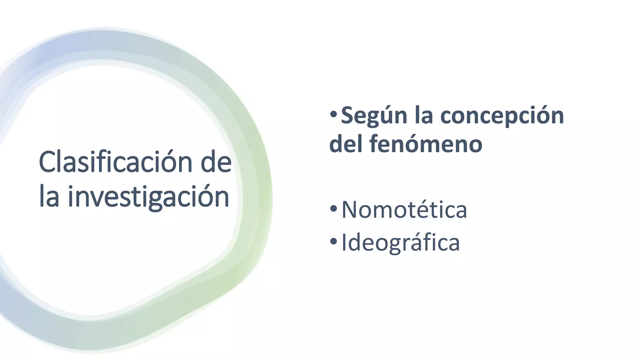 Clasificación de
la investigación
•Según la concepción
del fenómeno
•Nomotética
•Ideográfica
 
