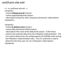 conf/core-site.xml 
<!--In: conf/core-site.xml --> 
<property> 
<name>hadoop.tmp.dir</name> 
<value>/app/hadoop/tmp</value> 
<description>A base for other temporary directories.</description> 
</property> 
<property> 
<name>fs.default.name</name> 
<value>hdfs://localhost:54310</value> 
<description>The name of the default file system. A URI whose 
scheme and authority determine the FileSystemimplementation. The 
uri'sscheme determines the configproperty (fs.SCHEME.impl) naming 
the FileSystemimplementation class. The uri'sauthority is used to 
determine the host, port, etc. for a filesystem.</description> 
</property>  