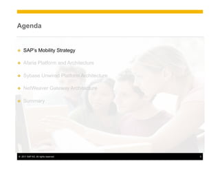Agenda


u    SAP’s Mobility Strategy

u    Afaria Platform and Architecture

u    Sybase Unwired Platform Architecture

u    NetWeaver Gateway Architecture

u    Summary




 ©  2011 SAP AG. All rights reserved.        5
 