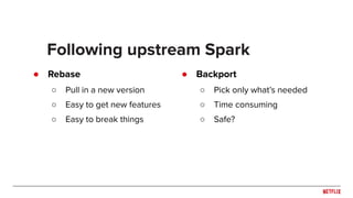 ● Rebase
○ Pull in a new version
○ Easy to get new features
○ Easy to break things
Following upstream Spark
● Backport
○ Pick only what’s needed
○ Time consuming
○ Safe?
 