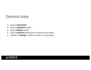 Desired state
● Easy to experiment
● Easy to reproduce results
● Easy to deploy models
● Easy to evaluate performance of features and models
● Capable of scaling to 1000s of models in many regions
 