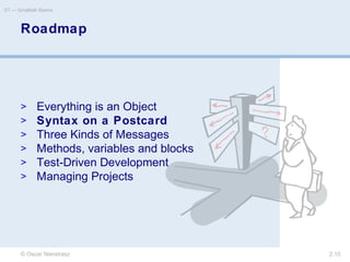 © Oscar Nierstrasz
ST — Smalltalk Basics
2.10
Roadmap
> Everything is an Object
> Syntax on a Postcard
> Three Kinds of Messages
> Methods, variables and blocks
> Test-Driven Development
> Managing Projects
 