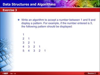 Data Structures and Algorithms
Exercise 3


                Write an algorithm to accept a number between 1 and 9 and
                display a pattern. For example, if the number entered is 5,
                the following pattern should be displayed:

                1
                2    1
                3    2   1
                4    3   2   1
                5    4   3   2    1




     Ver. 1.0                                                       Session 2
 