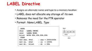 LABEL Directive
• Assigns an alternate name and type to a memory location
• LABEL does not allocate any storage of its own
• Removes the need for the PTR operator
• Format: Name LABEL Type
.DATA
dval LABEL DWORD
wval LABEL WORD
blist BYTE 00h,10h,00h,20h
.CODE
mov eax, dval
mov cx, wval
mov dl, blist
wval
00 10 00 20
blist
dval
; eax = 20001000h
; cx = 1000h
; dl = 00h
 