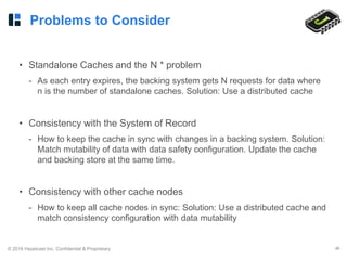 © 2016 Hazelcast Inc. Confidential & Proprietary ‹#›
Problems to Consider
• Standalone Caches and the N * problem
- As each entry expires, the backing system gets N requests for data where
n is the number of standalone caches. Solution: Use a distributed cache
• Consistency with the System of Record
- How to keep the cache in sync with changes in a backing system. Solution:
Match mutability of data with data safety configuration. Update the cache
and backing store at the same time.
• Consistency with other cache nodes
- How to keep all cache nodes in sync: Solution: Use a distributed cache and
match consistency configuration with data mutability
 