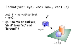 lookAt(vec3 eye, vec3 look, vec3 up)
vec3 f = normalise(look
– eye);
●
Q2. How can we work out
“right” from “up” and
“forward” ?
 