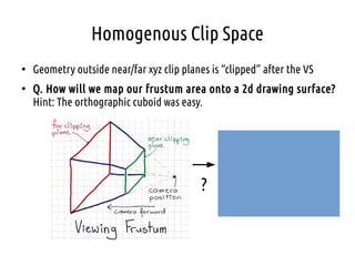 Homogenous Clip Space
●
Geometry outside near/far xyz clip planes is “clipped” after the VS
●
Q. How will we map our frustum area onto a 2d drawing surface?
Hint: The orthographic cuboid was easy.
?
 