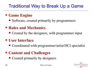 gamedesigninitiative
at cornell university
the
Traditional Way to Break Up a Game
— Game Engine
— Software, created primarily by programmers
— Rules and Mechanics
— Created by the designers, with programmer input
— User Interface
— Coordinated with programmer/artist/HCI specialist
— Content and Challenges
— Created primarily by designers
Parts of a Game
14
 