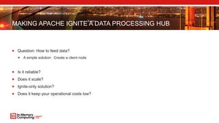 MAKING APACHE IGNITE A DATA PROCESSING HUB
 Question: How to feed data?
 A simple solution: Create a client node
 Is it reliable?
 Does it scale?
 Ignite-only solution?
 Does it keep your operational costs low?
 
