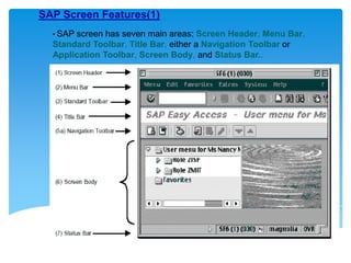 SAP Screen Features(1)
• SAP

screen has seven main areas: Screen Header, Menu Bar,
Standard Toolbar, Title Bar, either a Navigation Toolbar or
Application Toolbar, Screen Body, and Status Bar..

 
