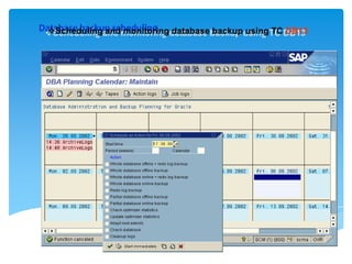 Database backup scheduling database backup using TC DB13
Scheduling and monitoring

 