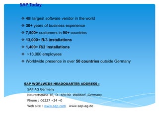 SAP Today
 4th largest software vendor in the world
 30+ years of business experience
 7,500+ customers in 90+ countries
 13,000+ R/3 installations
 1,400+ R/2 installations
 ~13,000 employees
 Worldwide presence in over 50 countries outside Germany

SAP WORLWIDE HEADQUARTER ADDRESS :
SAP AG Germany
Neurottstrass 16, D –69190 Walldorf ,Germany
Phone : 06227 –34 –0
Web site : www.sap.com

www.sap-ag.de

 